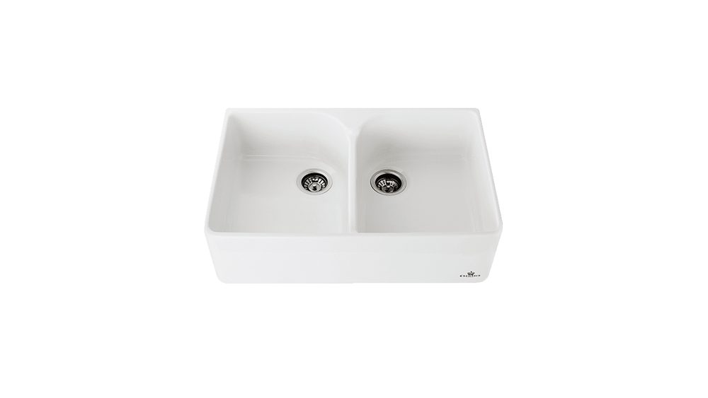 Abey Chambord fireclay farmhouse double bowl sink in white