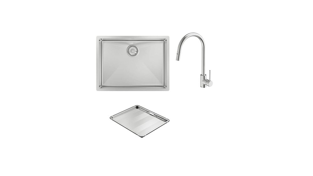 Abey stainless steel kitchen sink with matching mixer and drainer