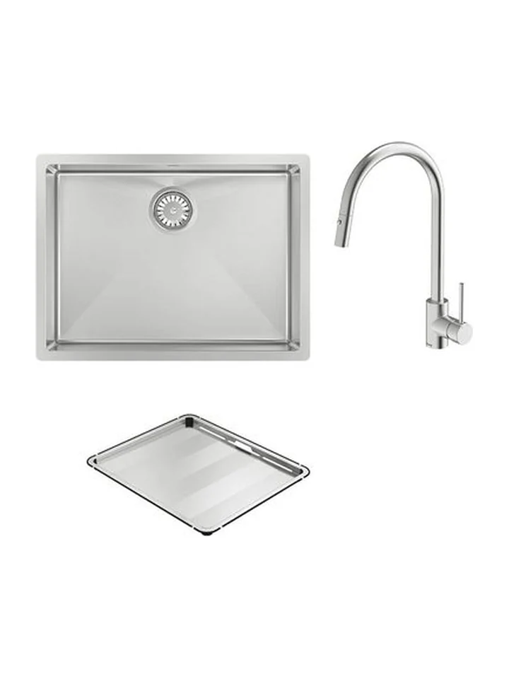 Abey stainless steel sink with a gooseneck mixer and a drainer tray, shown on their own