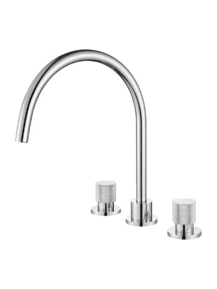 Modern National Cadence chrome gooseneck sink mixer set with two knurled handles, shown on its own