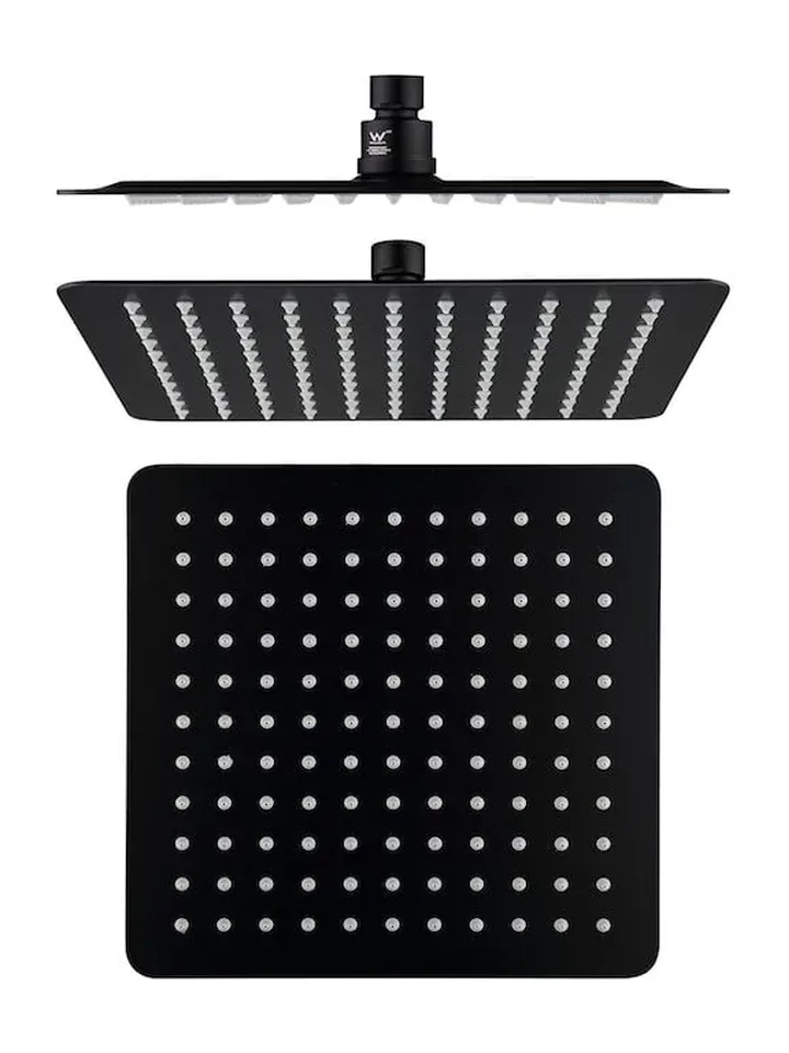 Matte black square slim shower head, shown from the side and from below