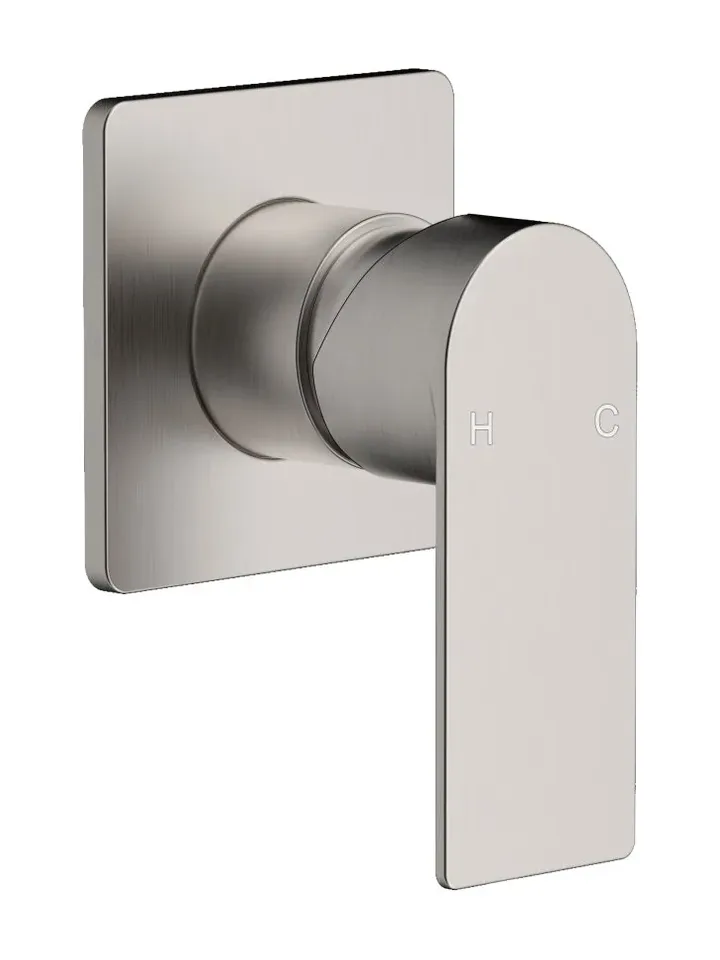 Brizo wall mixer in brushed nickel with square backplate and arched lever handle, shown on its own