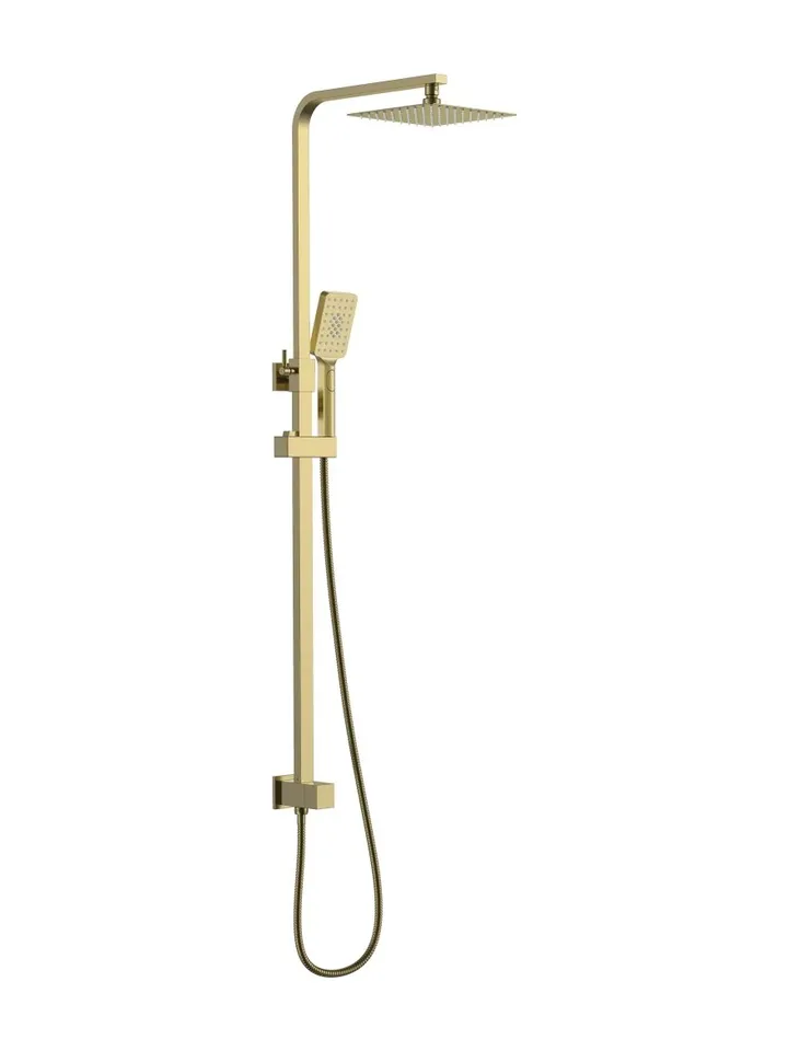 Romano brushed gold twin shower on a rail with a square overhead shower and hand shower, shown on its own