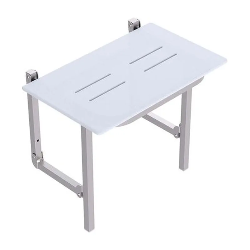 Con-Serv fold down shower seat with a white slotted seat and a stainless steel frame and legs, shown on its own
