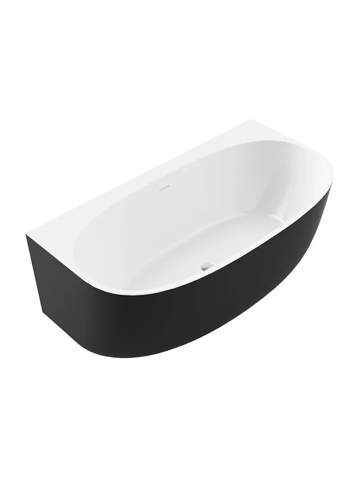 Two tone back to wall bath, matte black outside and gloss white inside, with an oval bathing well, shown on its own
