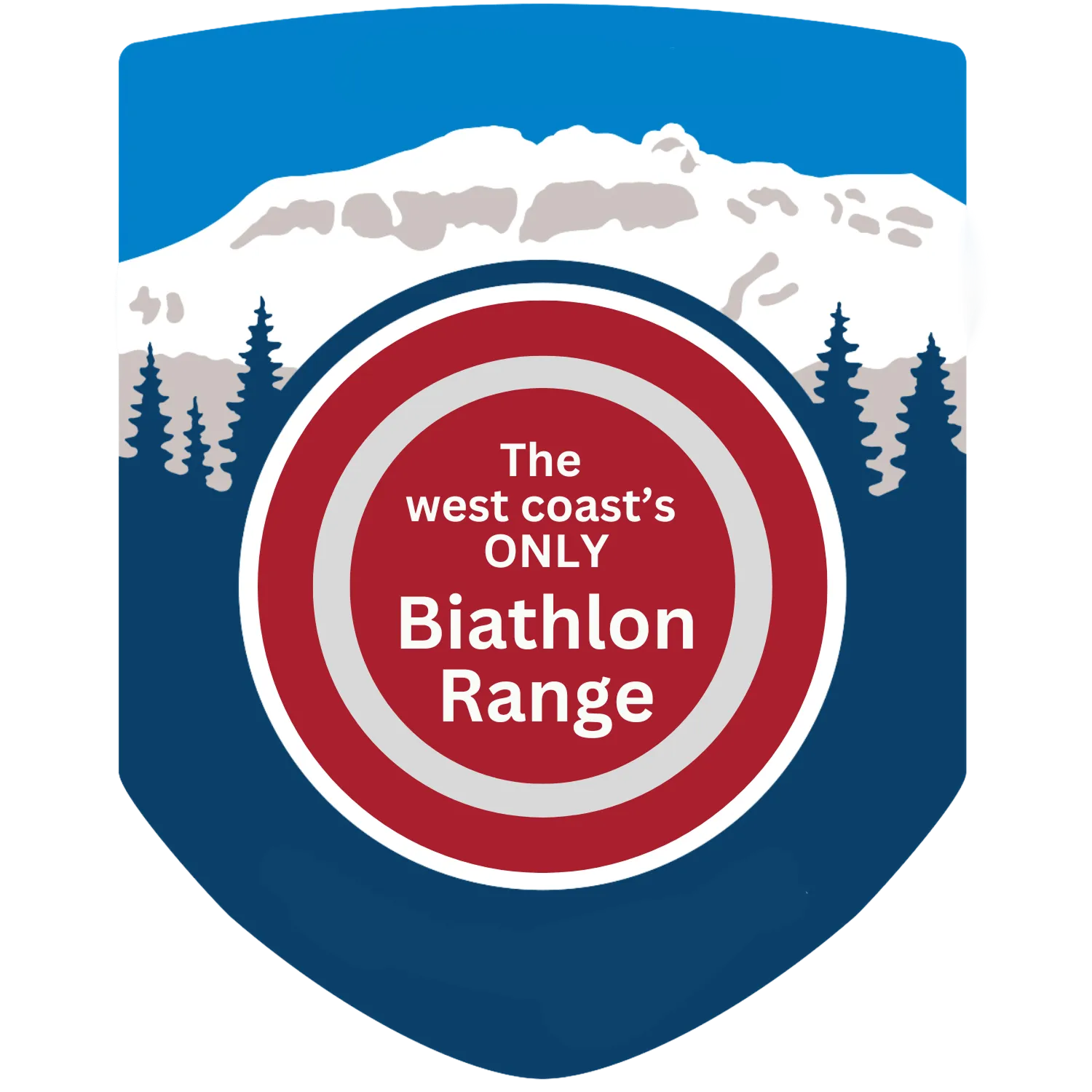 Shield logo with snow-capped mountain, trees, and text: The west coast’s only Biathlon Range.