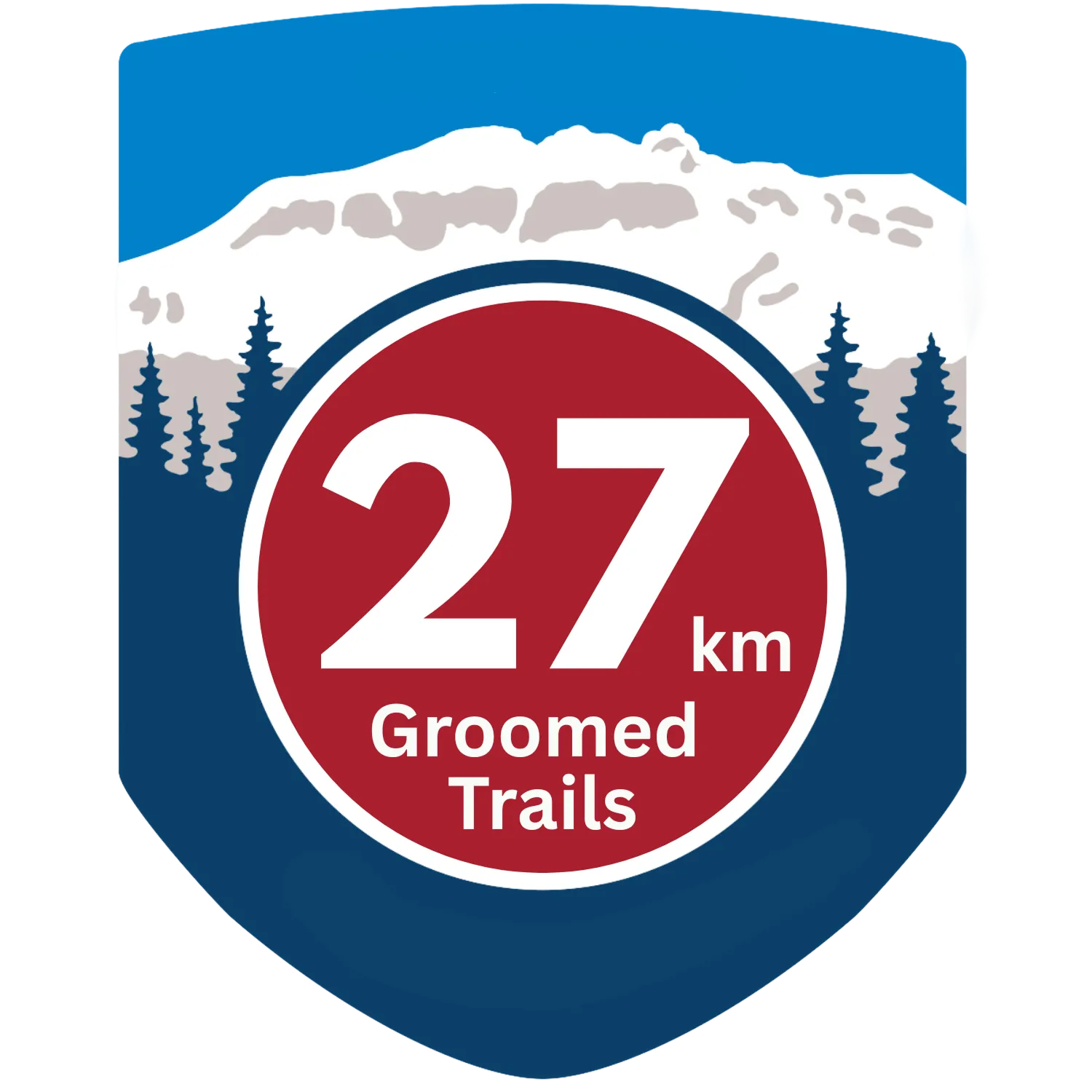Sign with mountain and pine trees showing 27 km of groomed trails.