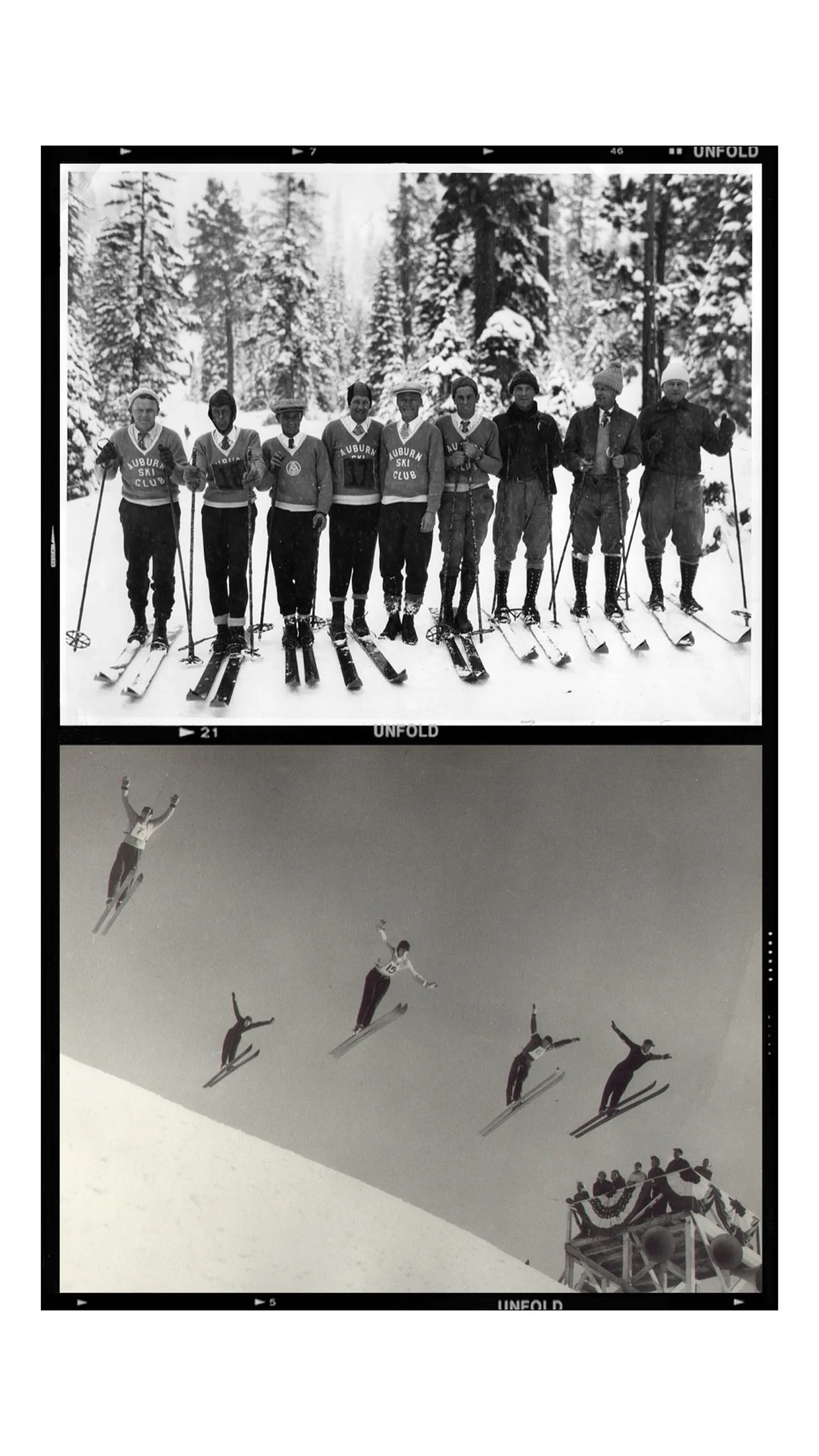 Top: Skiers from Auburn Ski Club lined up on snowy trail. Bottom: Sequence of ski jumper in mid-air over slope.