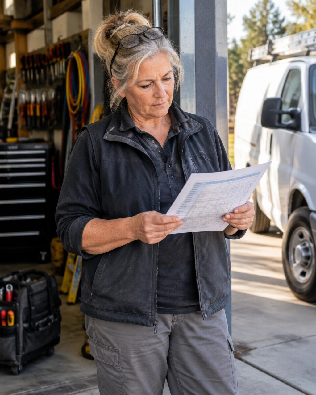 Older woman owner of a local service business reviewing an appointment sheet beside tools and a service van