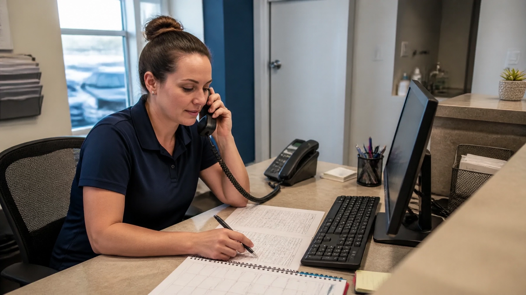 Plumbing company receptionist answering a business phone beside a service schedule and appointment calendar