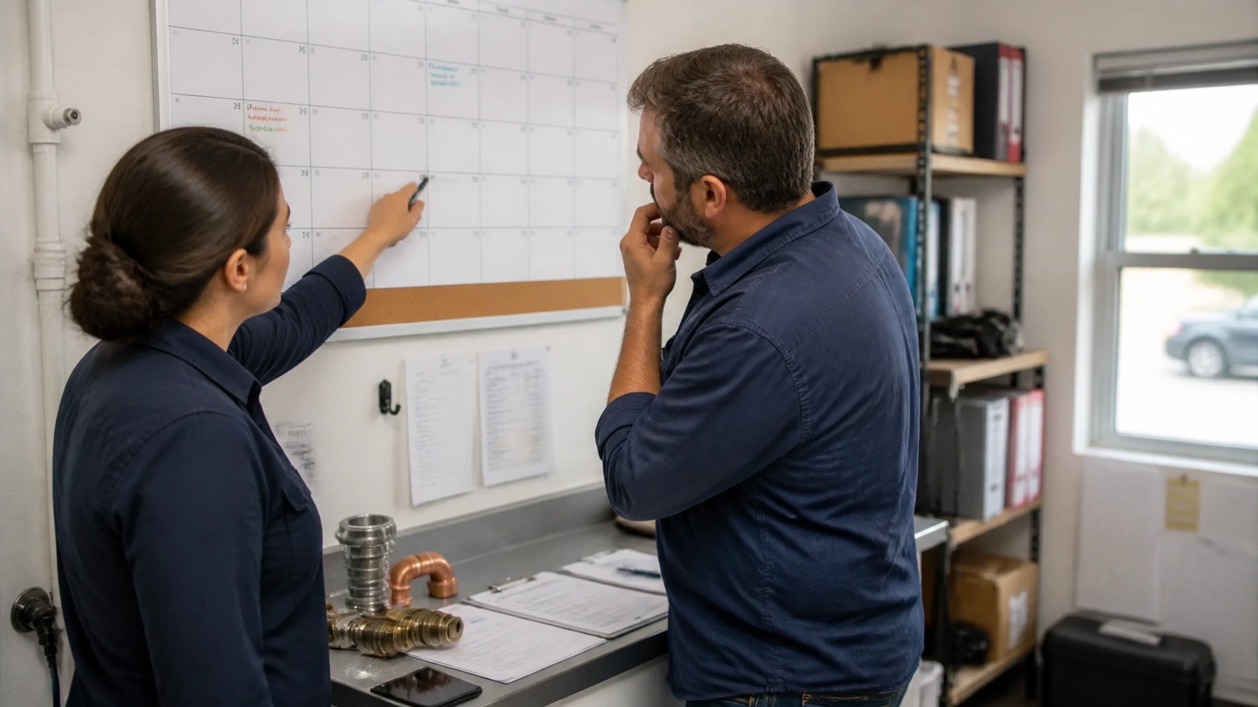 Plumbing dispatcher and business owner reviewing booked service appointments on a wall calendar