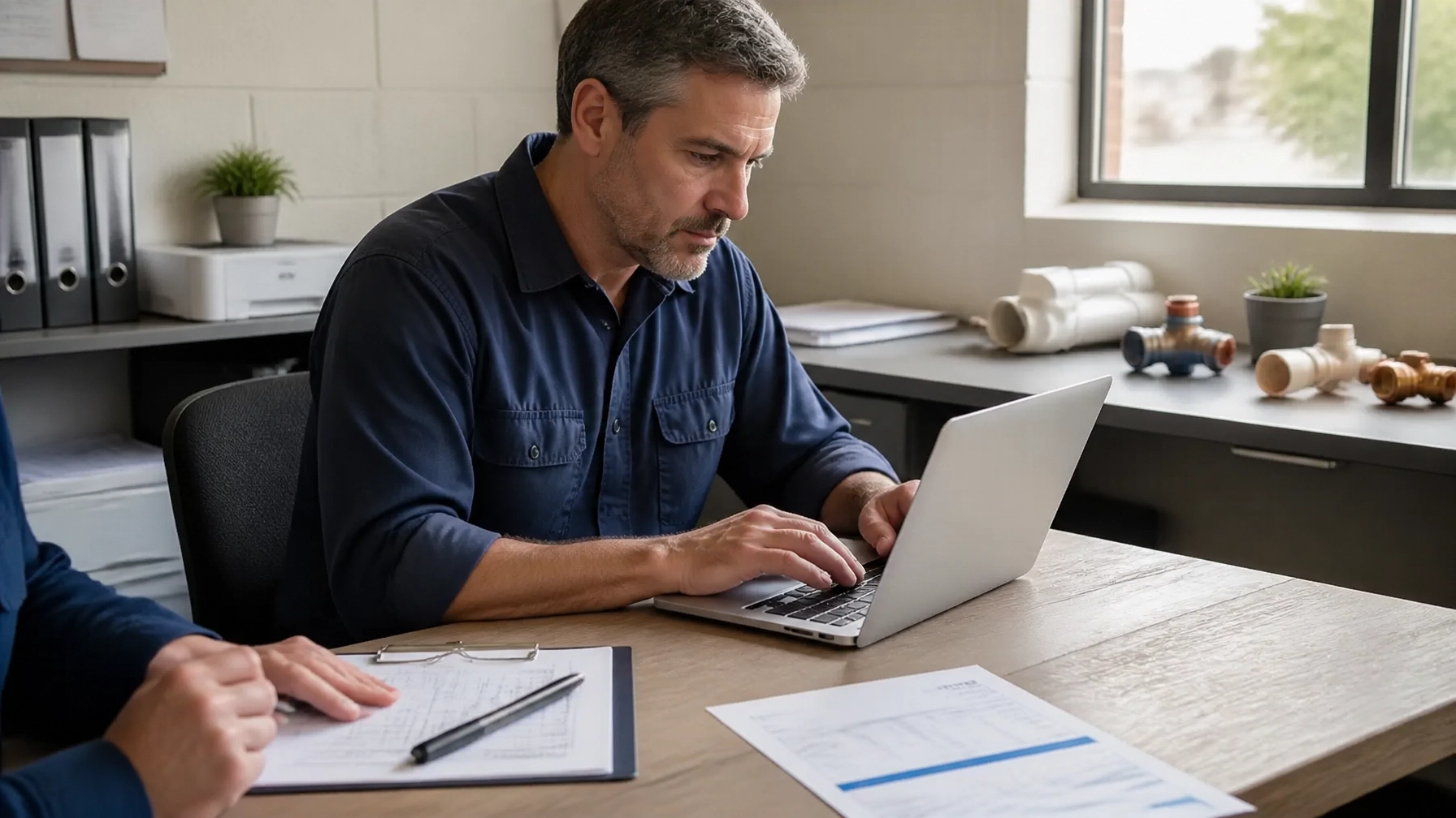 Plumbing business owner entering a new customer lead into a CRM on a laptop beside a technician clipboard