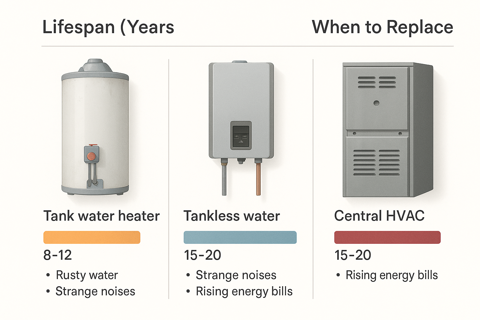 Infographic comparing typical lifespans and replacement timelines for tank and tankless water heaters, with common warning signs.