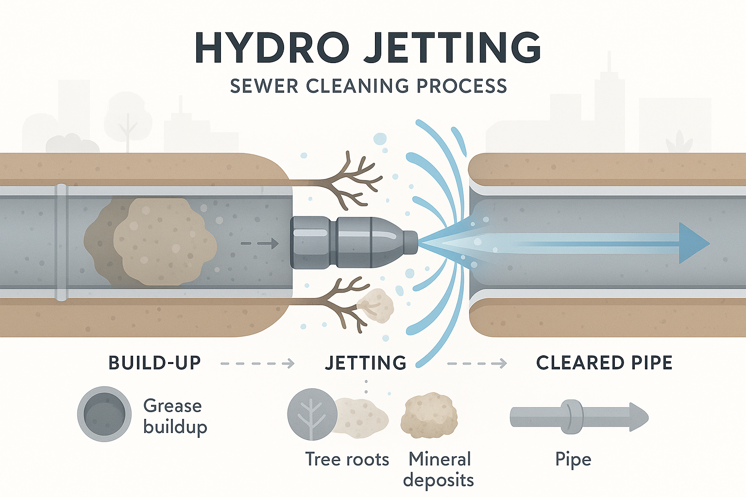Educational infographic shows hydro jetting process: a pipe network with blockages like grease and roots, a cutaway of a nozzle spraying high-pressure water, arrows guiding viewers through buildup removal and clean pipes, with labeled sections and clear icons for pipe types and debris.