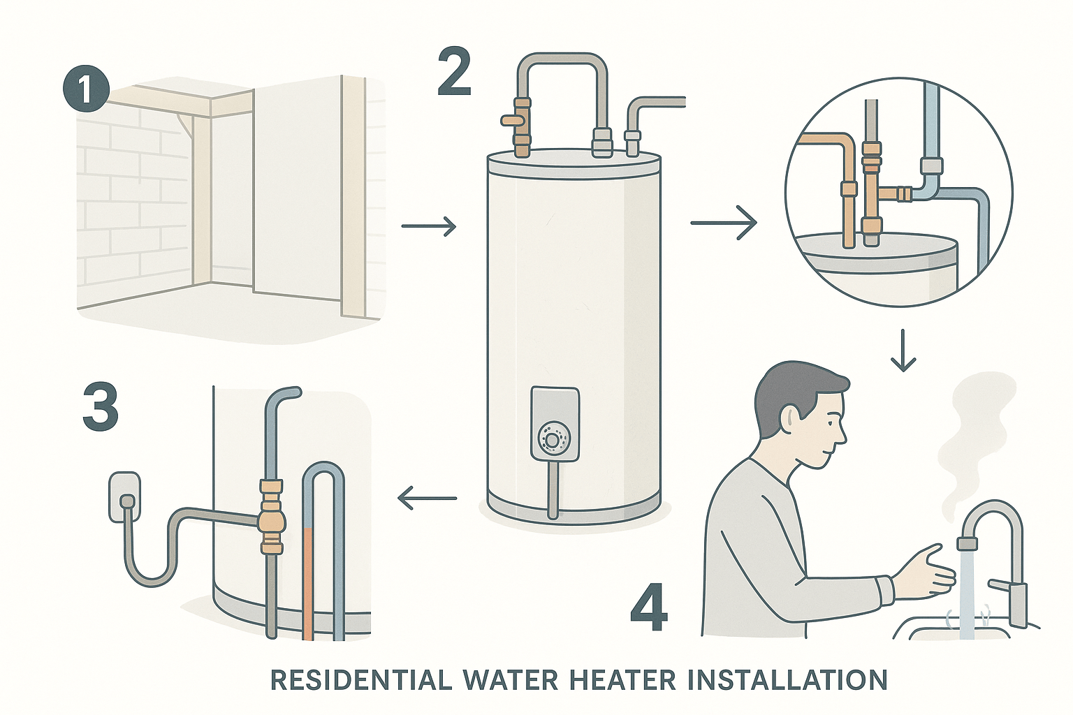 Minimalist infographic illustrating four steps of residential water heater installation: location selection, placing the unit, connecting gas or electrical and water lines, and testing hot water at a faucet. Clearly labeled vector drawings use blues, whites, and subtle details for clarity.