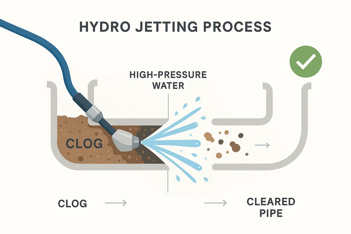 Infographic showing how hydro jetting clears a clogged residential pipe with high-pressure water, JTM Plumbing & Drain