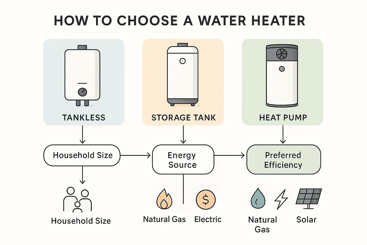Infographic comparing electric, gas, and tankless water heaters and how to choose the right one, JTM Plumbing & Drain