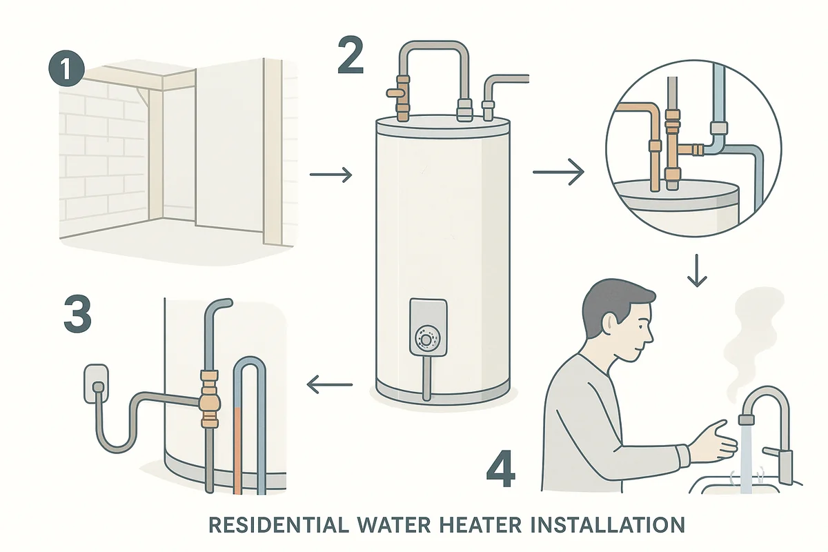 Infographic showing the four steps of a residential water heater installation, JTM Plumbing & Drain