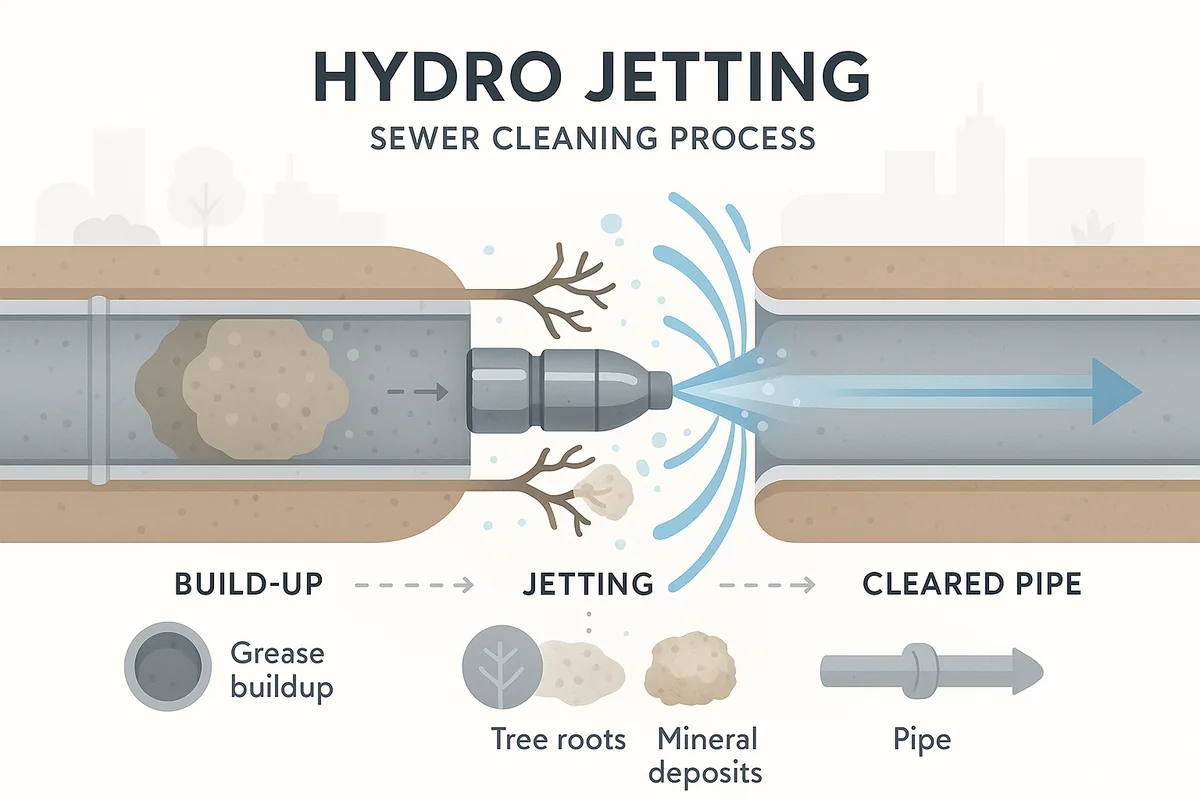 Infographic showing how hydro jetting clears grease, sludge, and tree roots from a sewer line, JTM Plumbing & Drain