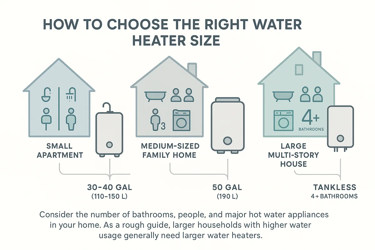Infographic showing recommended water heater tank sizes for small, medium, and large households, JTM Plumbing & Drain