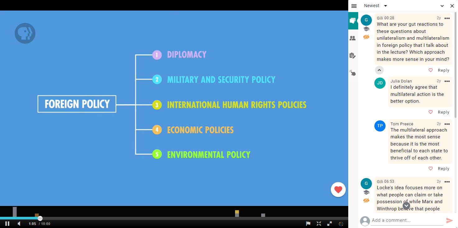 Annoto discussion panel open beside a Foreign Policy lecture video