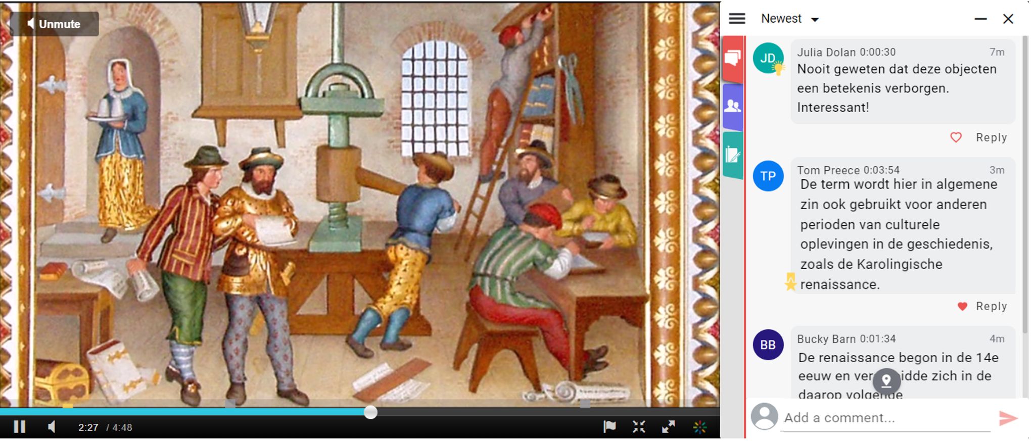 Annoto discussion panel beside a historical artwork video, with time-tagged student comments
