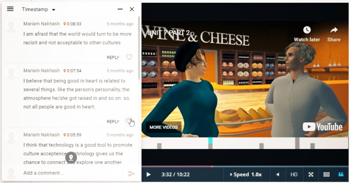 Annoto discussion panel beside a virtual-world video, with time-stamped student reflections
