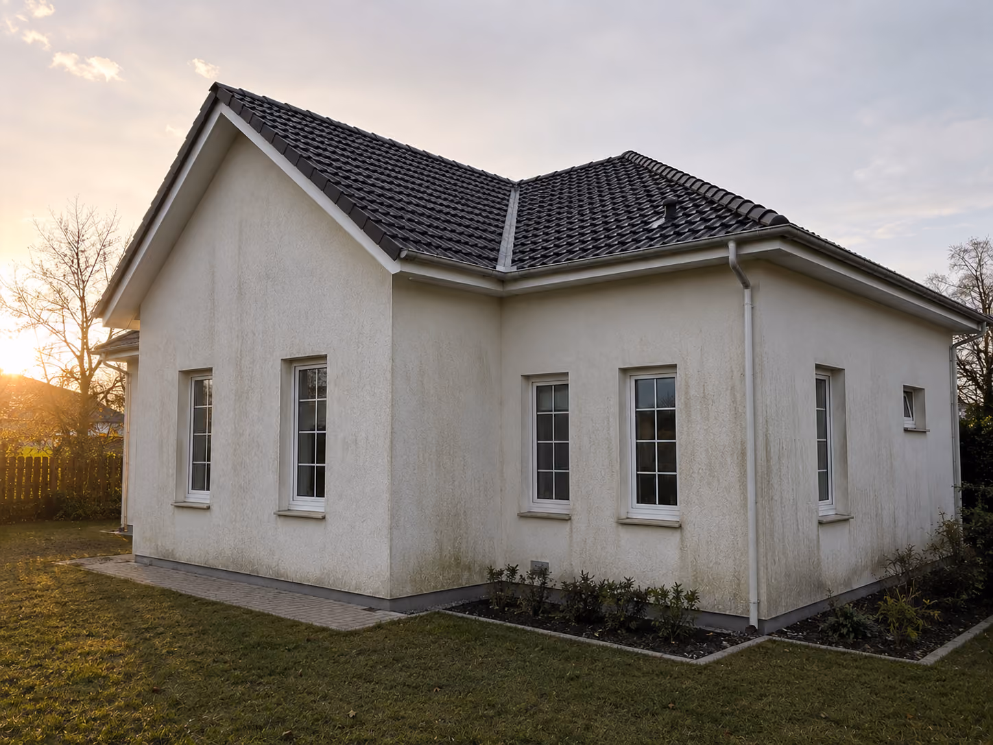 Beige house with five windows and a black tiled roof at sunset with a grass lawn and plants.