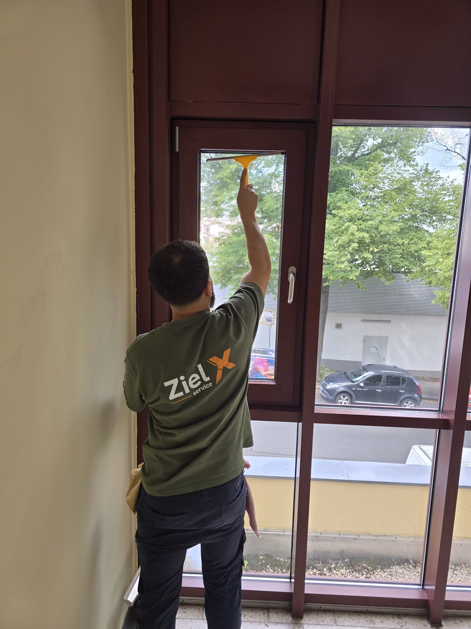 Person in Ziel Service shirt cleaning a tall window indoors using a squeegee.
