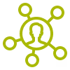 Green icon of a person with connected nodes representing network or customer information.