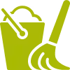 Green bucket with handle and mop leaning against it, symbolizing cleaning supplies.