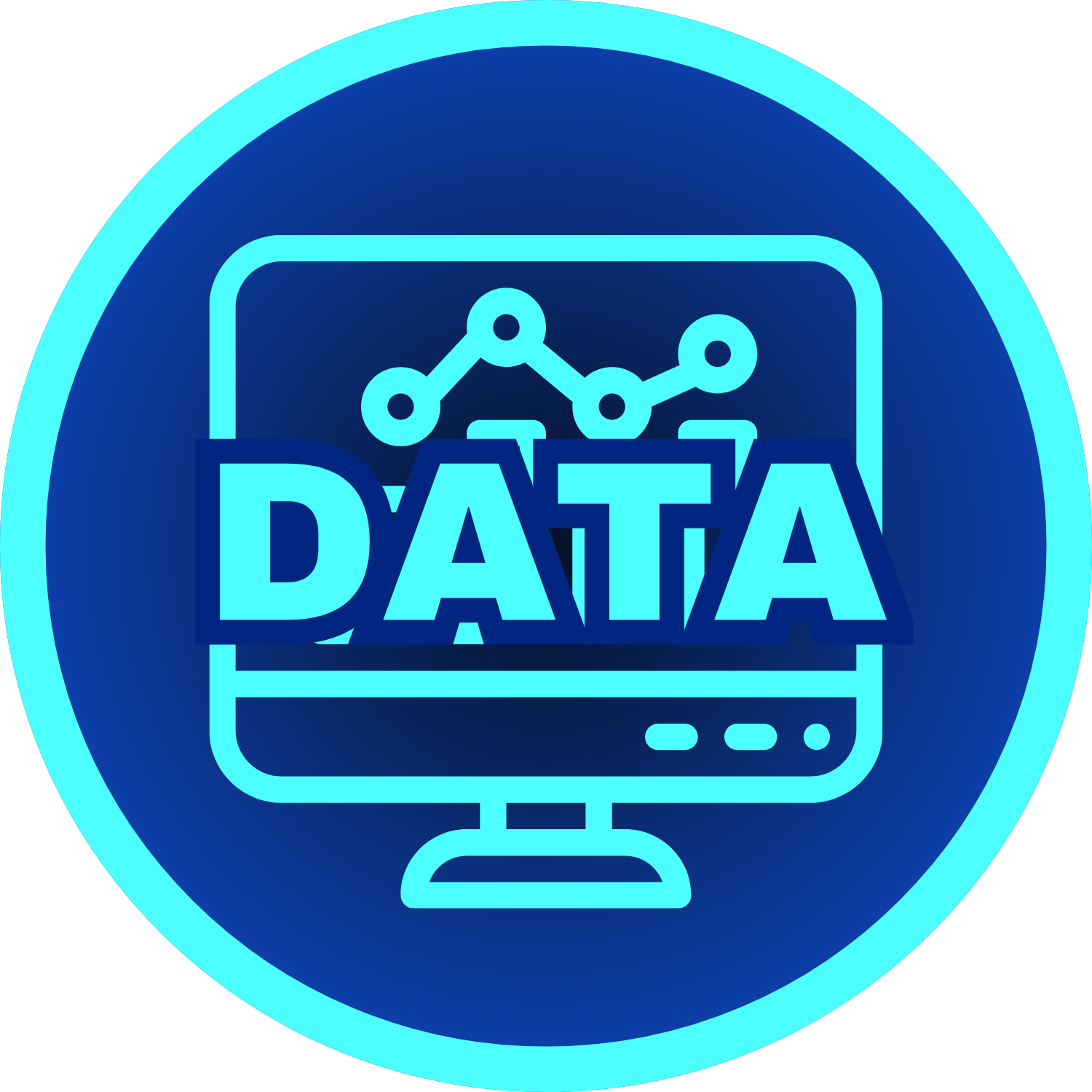Blue computer monitor icon with a line graph and the word DATA in large letters across the screen, enclosed in a bright blue circular border.