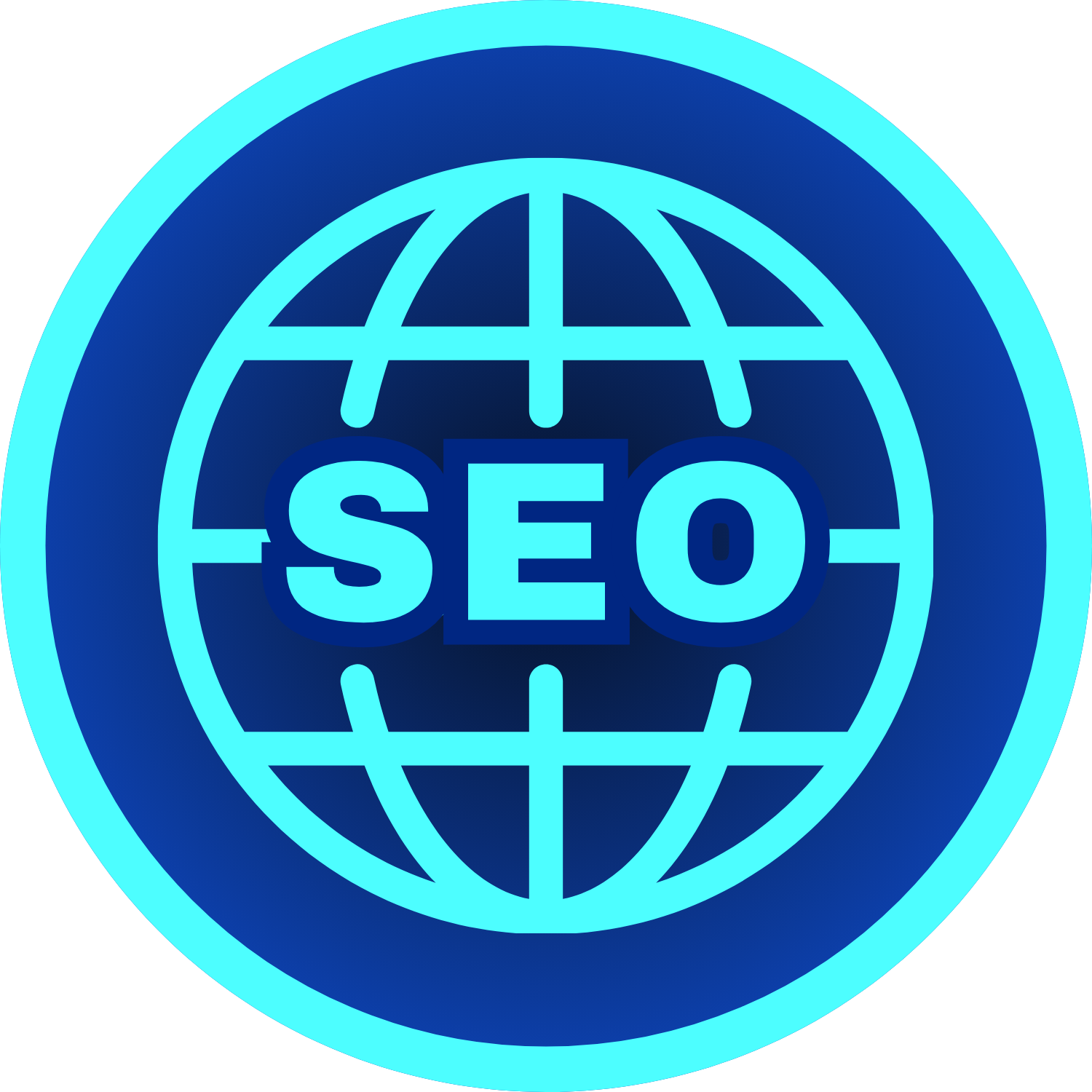 Blue and cyan circular emblem with a globe grid symbol and the letters SEO in the center.