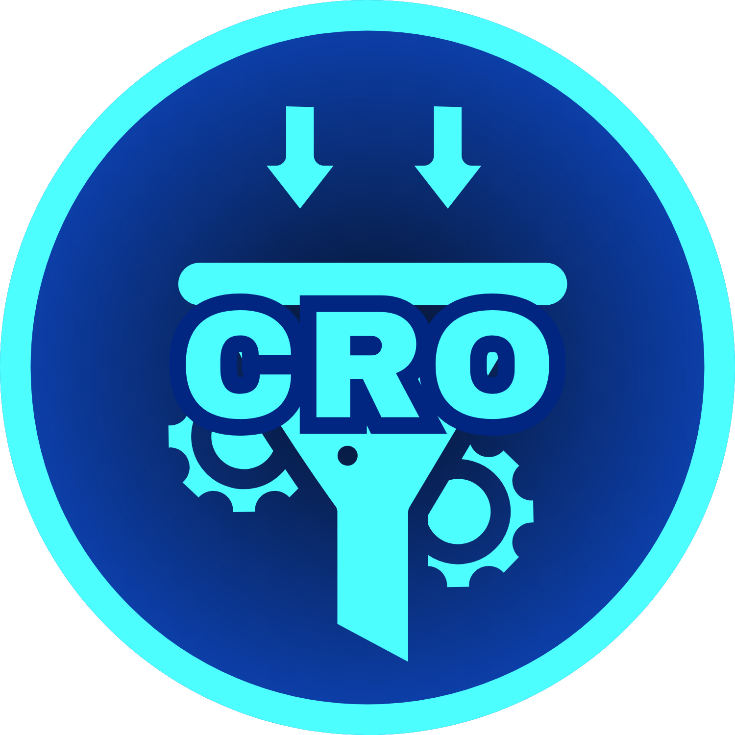 Blue circular icon with light blue border showing a funnel graphic with two downward arrows above and two gear cogs on each side, with bold letters 'CRO' across the funnel.