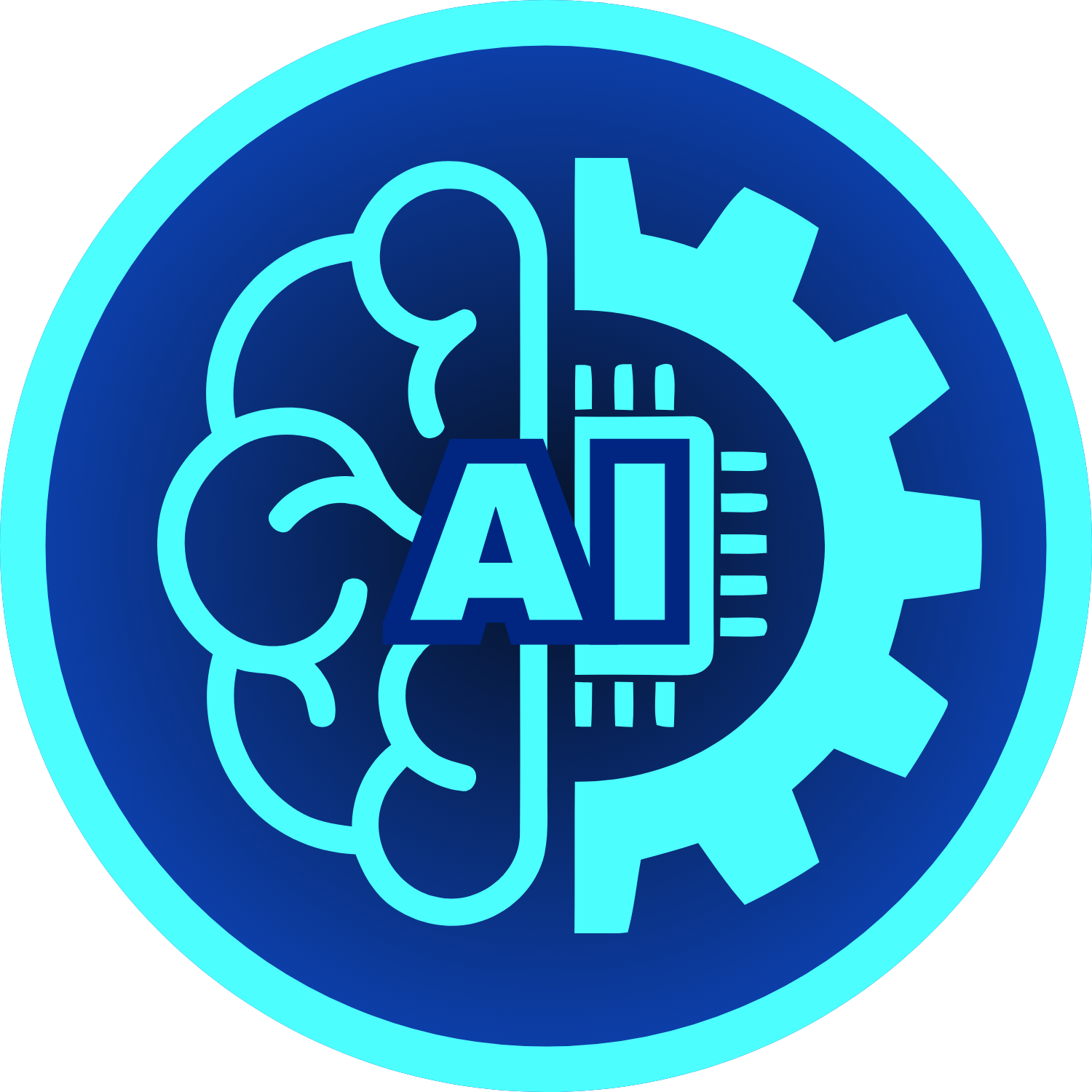 Circular emblem with a half brain on the left and a gear on the right, separated by a microchip in the center containing the letters AI.