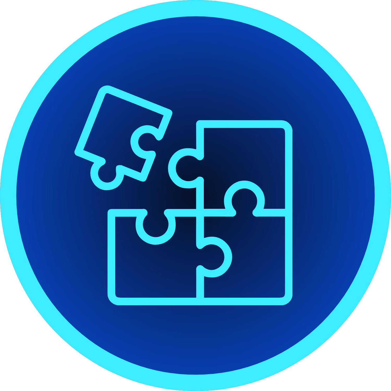 Icon of four puzzle pieces with one piece detached, outlined in blue inside a glowing blue circle on a dark blue background.
