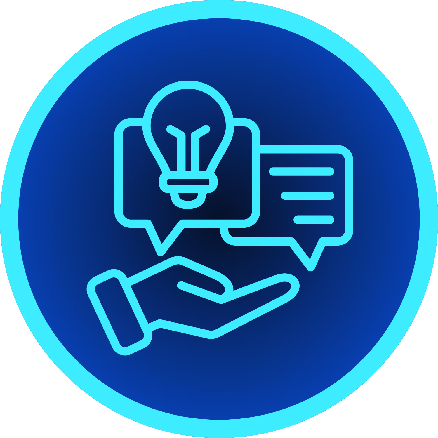 Blue circular icon with a hand holding two speech bubbles, one with a light bulb symbolizing ideas and the other with text lines representing communication.