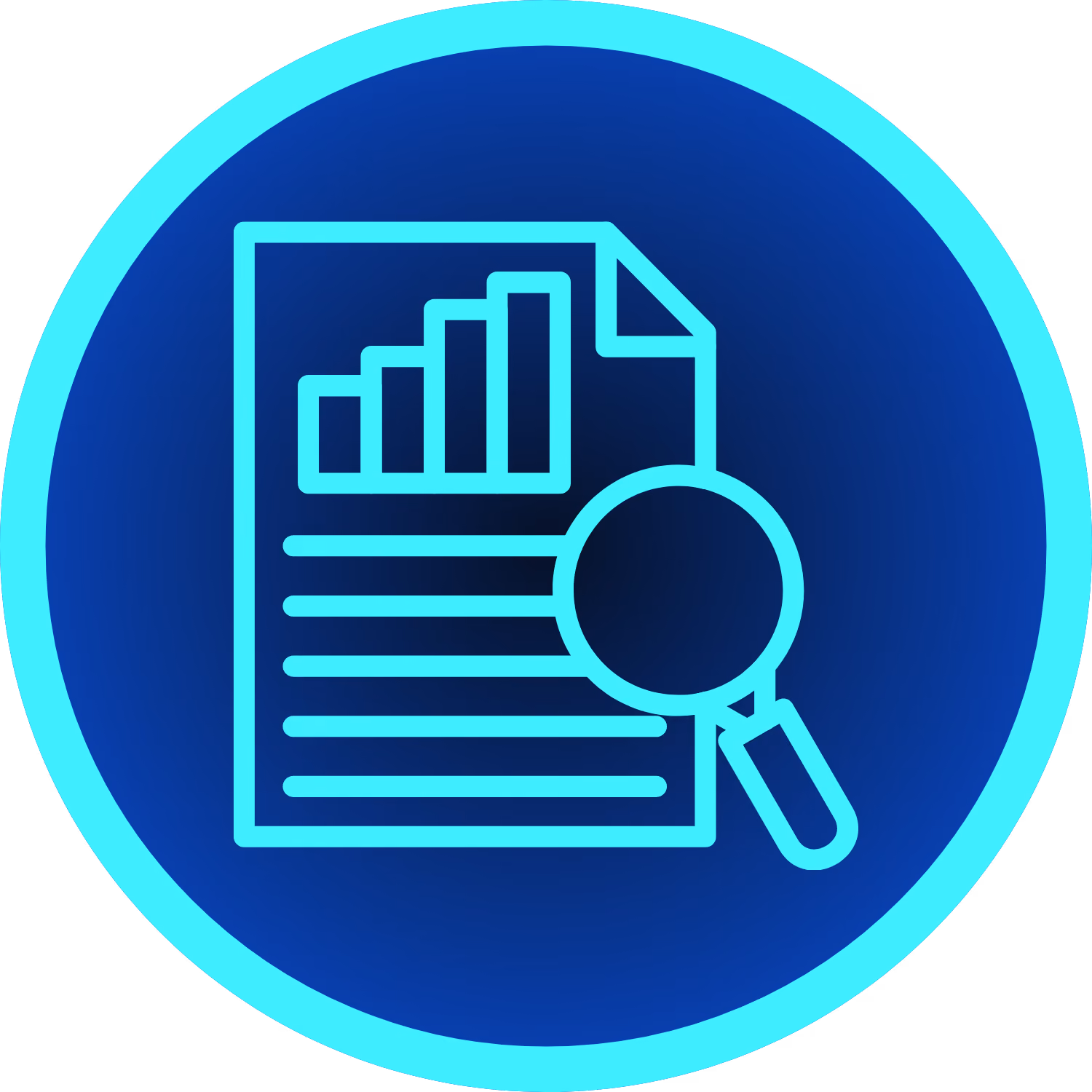 Blue circular icon with a document displaying a bar graph and lines of text, alongside a magnifying glass symbolizing analysis or review.