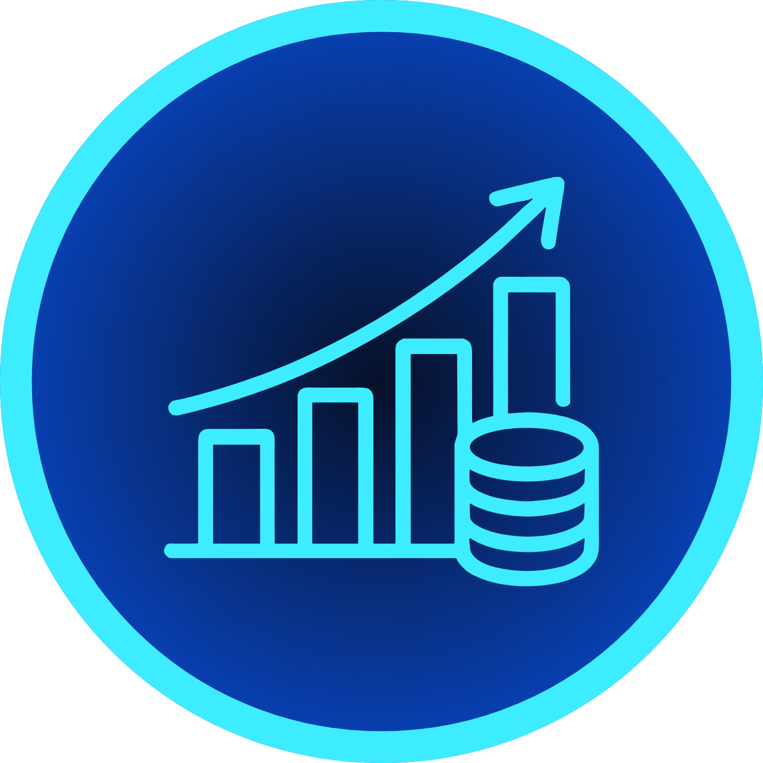 Blue circular icon with a glowing border showing a bar chart increasing from left to right with an upward arrow and a stack of coins in front of the tallest bar.