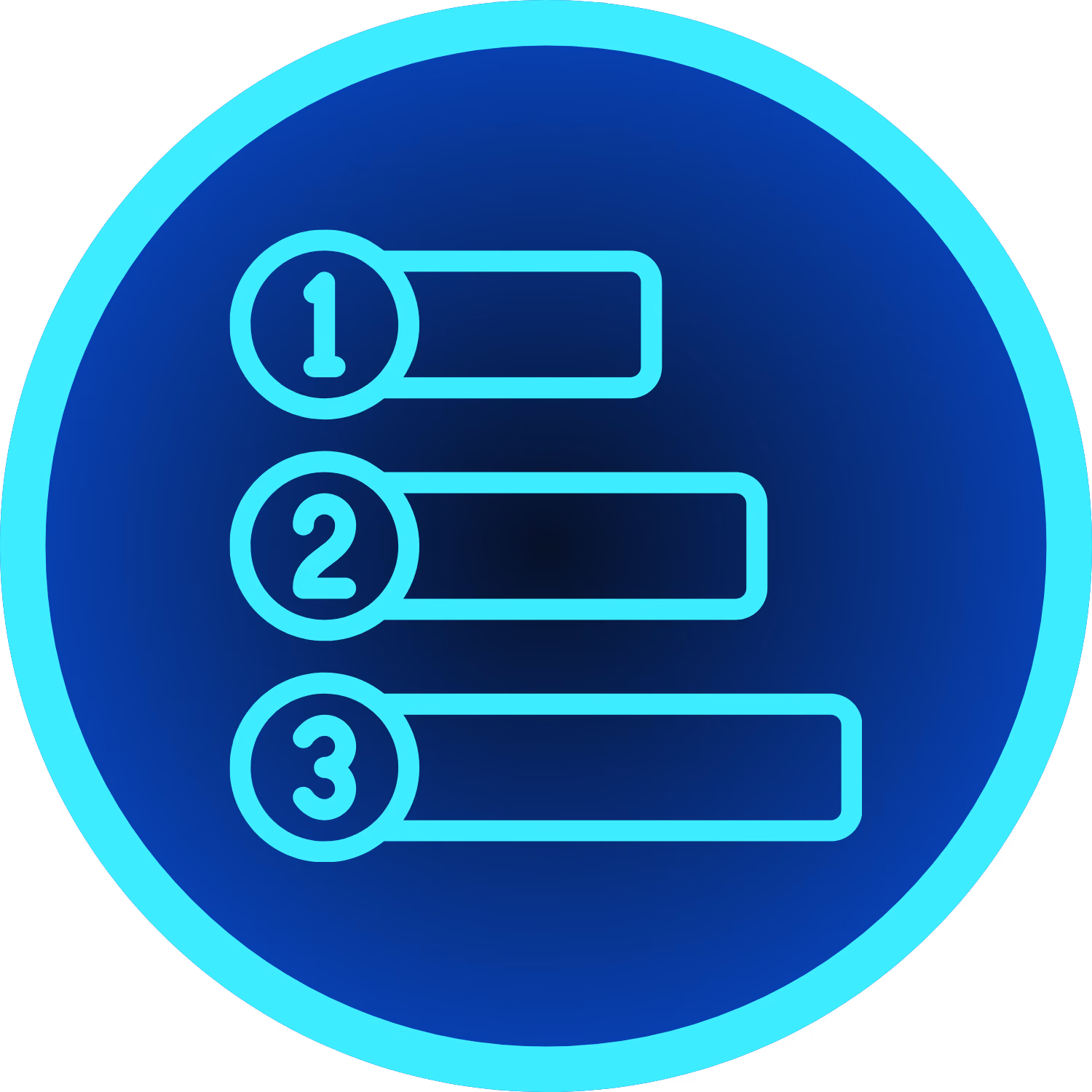 Circular blue icon with a light blue outline containing a vertical numbered list of three items, numbered 1, 2, and 3 from top to bottom, with horizontal lines extending from each number representing list entries.