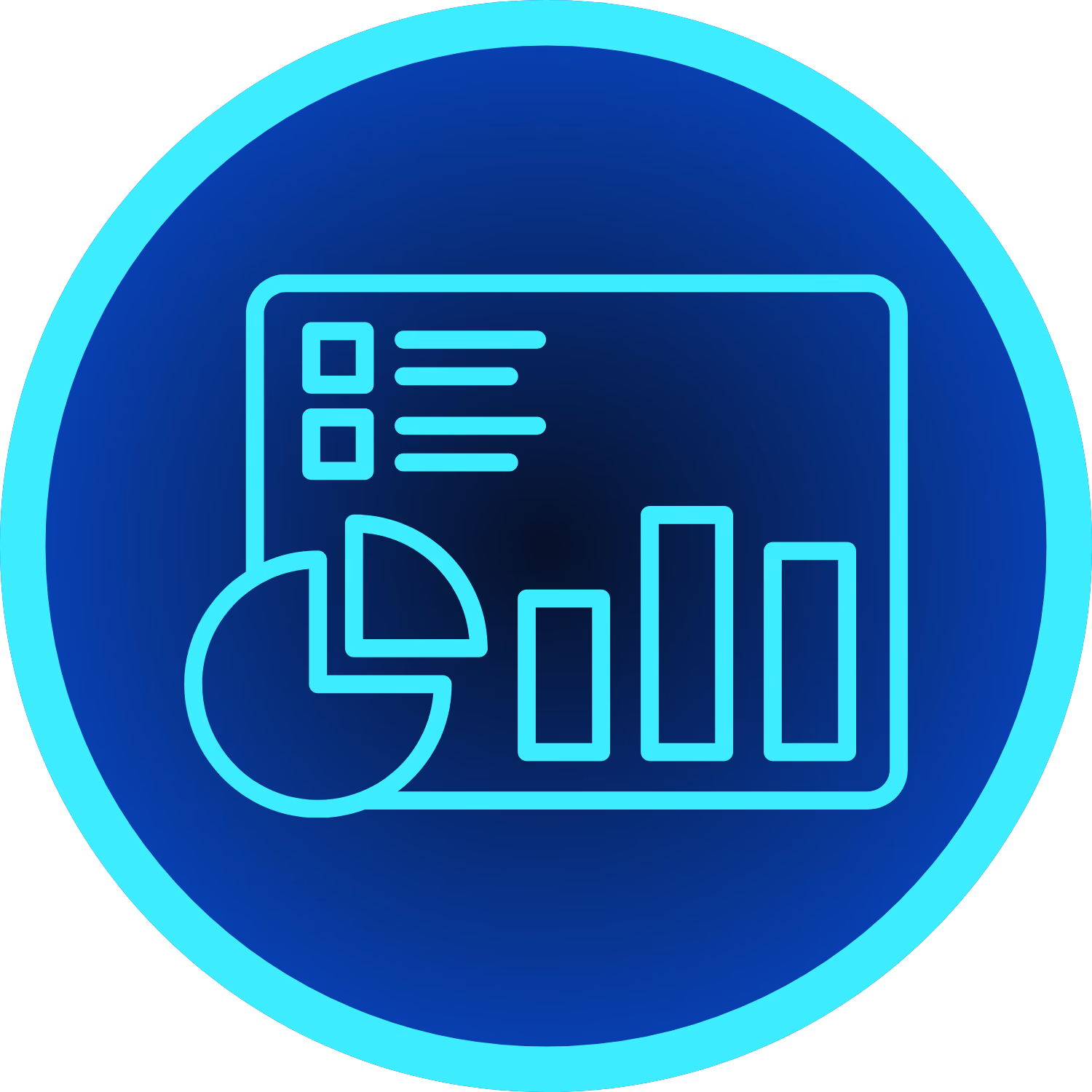 Blue circle icon with a light blue border featuring a screen displaying a pie chart and a bar chart with two text lines above each chart segment.