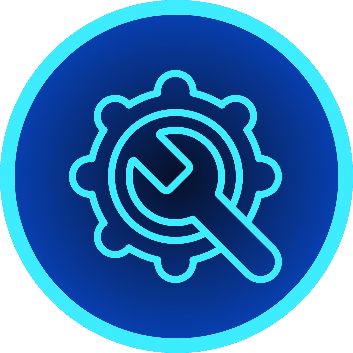 Blue circular icon with a wrench superimposed on a gear, outlined in bright cyan representing settings or maintenance.