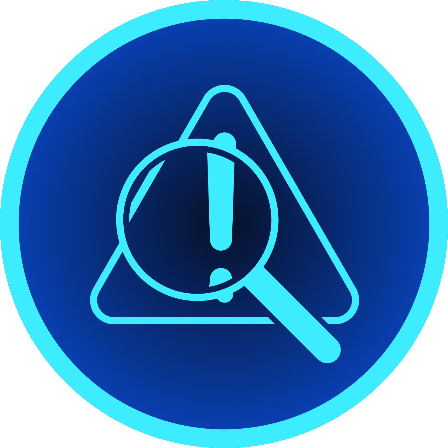Blue circular icon with a light blue magnifying glass focusing on an exclamation mark inside a triangular caution warning symbol.