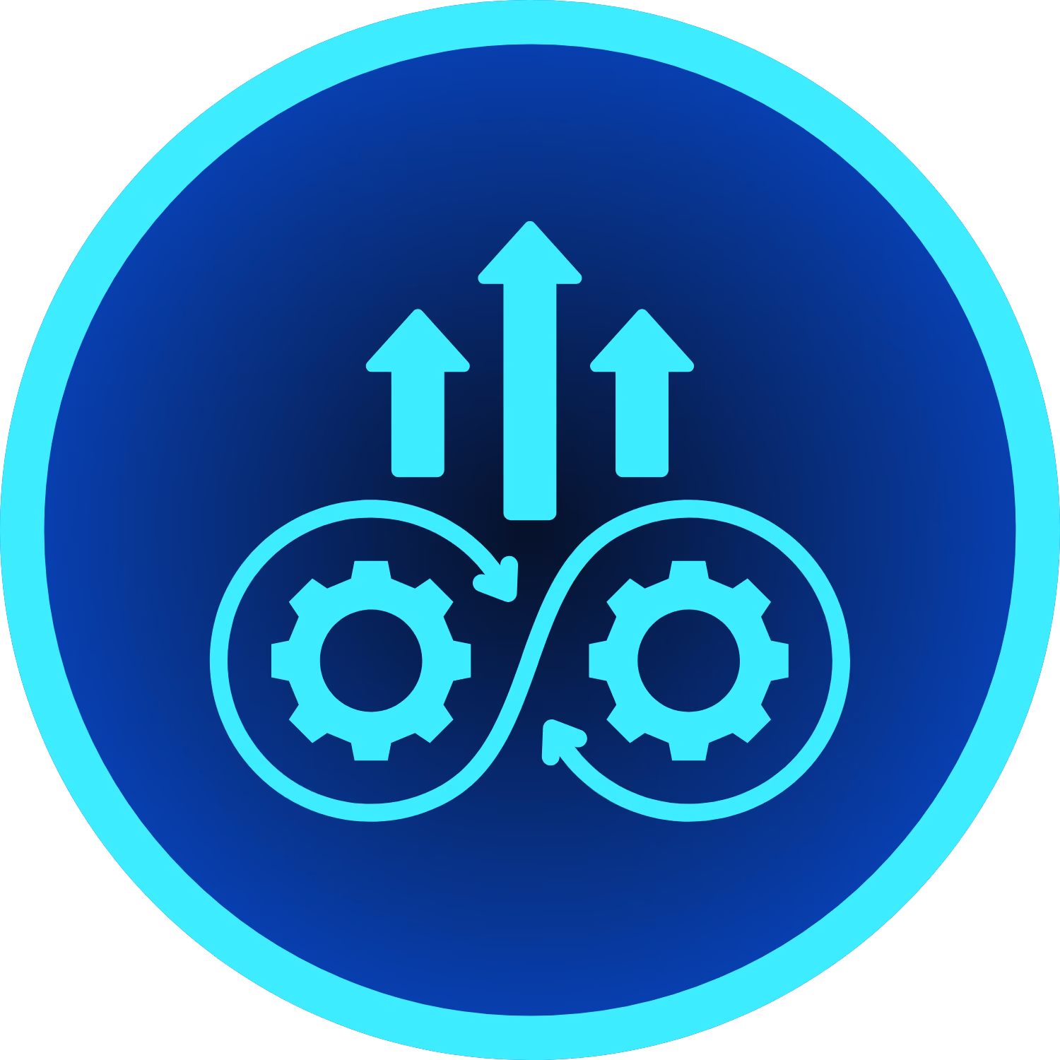 Icon of two interlocking gears connected by looping arrows forming an infinity symbol, with three upward arrows above, symbolizing continuous process improvement or ongoing workflow.