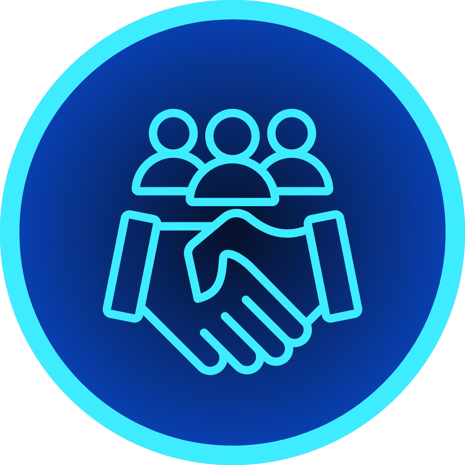 Icon of two hands shaking with three user figures above, symbolizing partnership or teamwork, inside a blue circle with a bright cyan border.