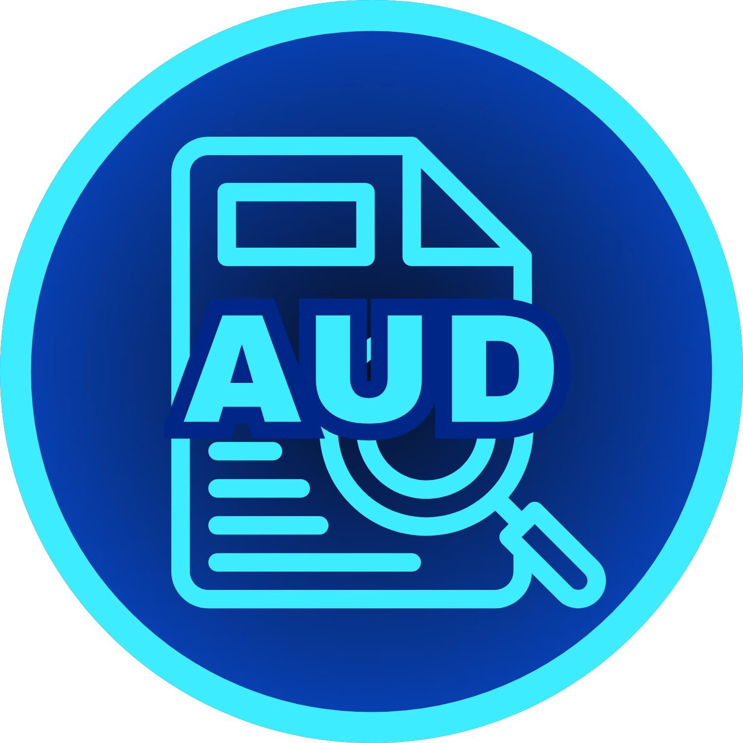 Blue circular icon with a document symbol, magnifying glass, and bold letters 'AUD' indicating an audit or audit file.
