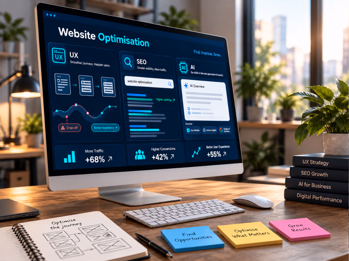 Desktop computer screen showing website optimisation dashboard with sections for UX improvements, SEO rankings, and AI overview, highlighting increases in traffic (+68%), conversions (+42%), and user experience (+55%). On the desk are sticky notes labeled Find Opportunities, Optimise What Matters, Grow Results, a notebook with website journey sketches, a pen, a wireless keyboard and mouse, a laptop, and a stack of books on UX Strategy, SEO Growth, AI for Business, and Digital Performance, in a bright, modern office environment.