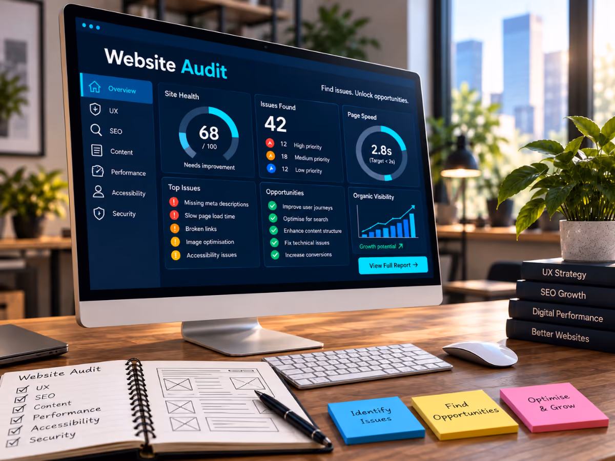 Desktop computer screen showing a website audit dashboard with site health score of 68, 42 issues found with priority levels, page speed 2.8 seconds, top issues listed with icons, and opportunities for improvement. On the desk are a keyboard, mouse, an open notebook with a website audit checklist, pen, and three colorful sticky notes labeled Identify Issues, Find Opportunities, and Optimise & Grow. Behind the desk are plants and a stack of books on UX strategy, SEO growth, digital performance, and better websites, with windows showing a cityscape in the background.