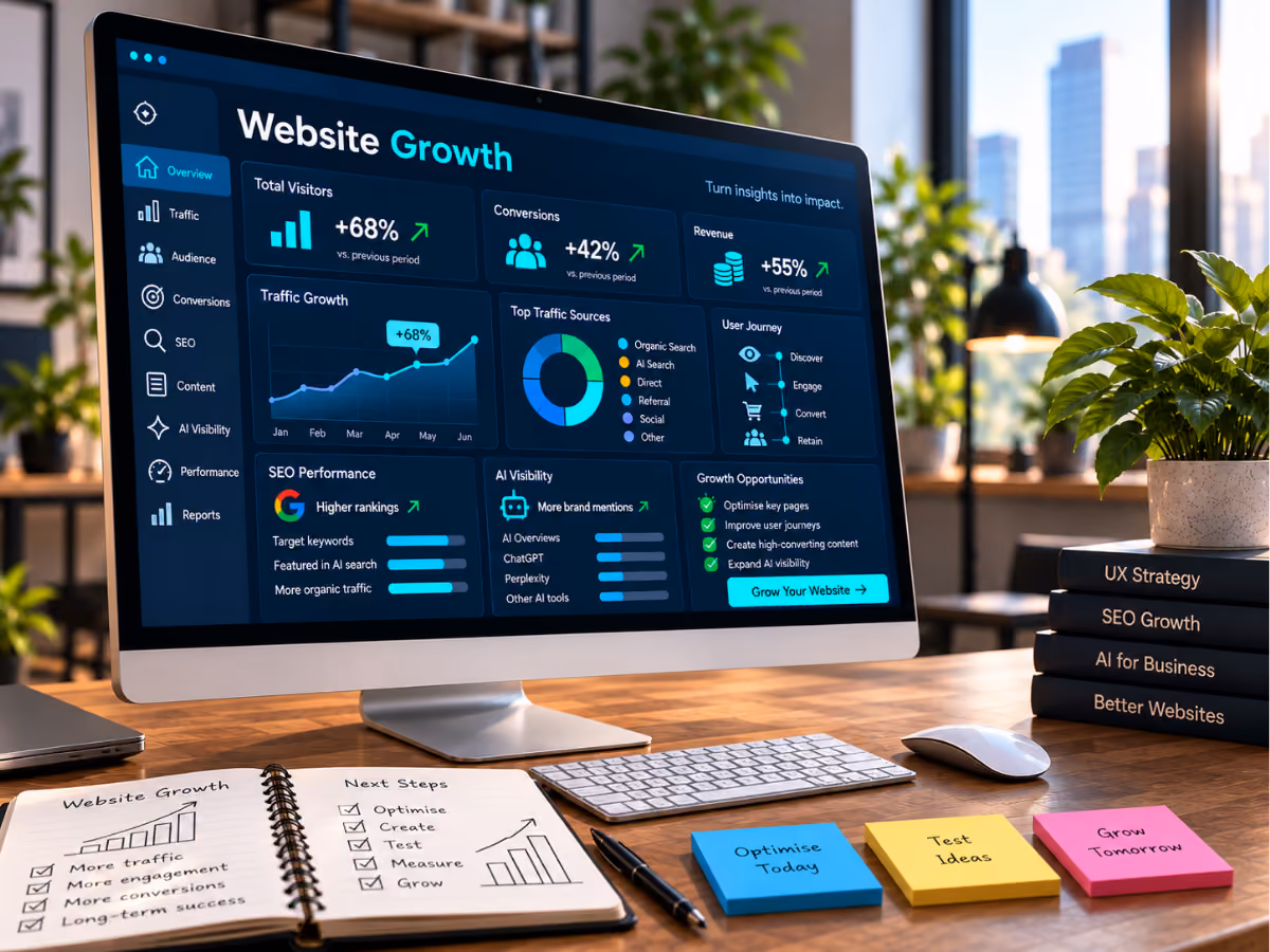 Computer monitor on desk displaying a website growth dashboard with metrics: total visitors up 68%, conversions up 42%, revenue up 55%, traffic growth chart, top traffic sources pie chart, SEO performance, AI visibility, and growth opportunities sections. Desk also holds an open notebook with handwritten growth goals and next steps, a keyboard, mouse, pen, and sticky notes labeled Optimize Today, Test Ideas, and Grow Tomorrow. A stack of books titled UX Strategy, SEO Growth, AI for Business, and Better Websites is beside a plant.