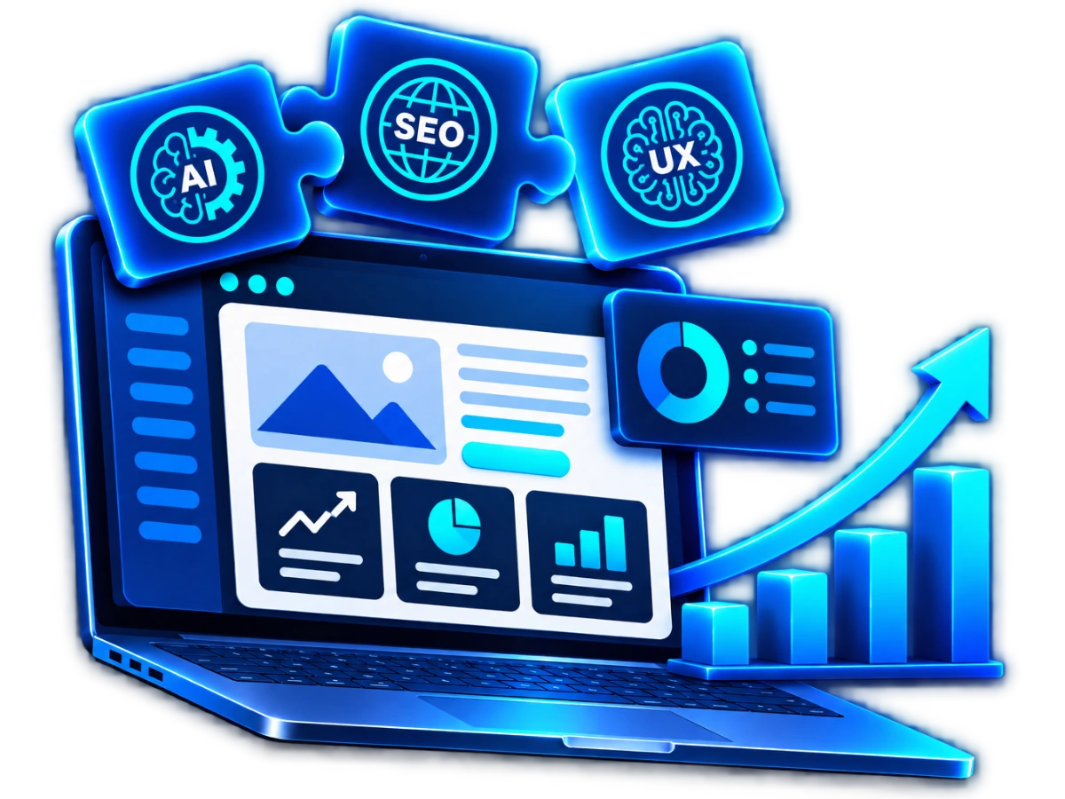 Glowing blue laptop screen displays data charts and analytics with icons above labeled AI, SEO, and UX, alongside a rising bar graph with an arrow indicating growth.